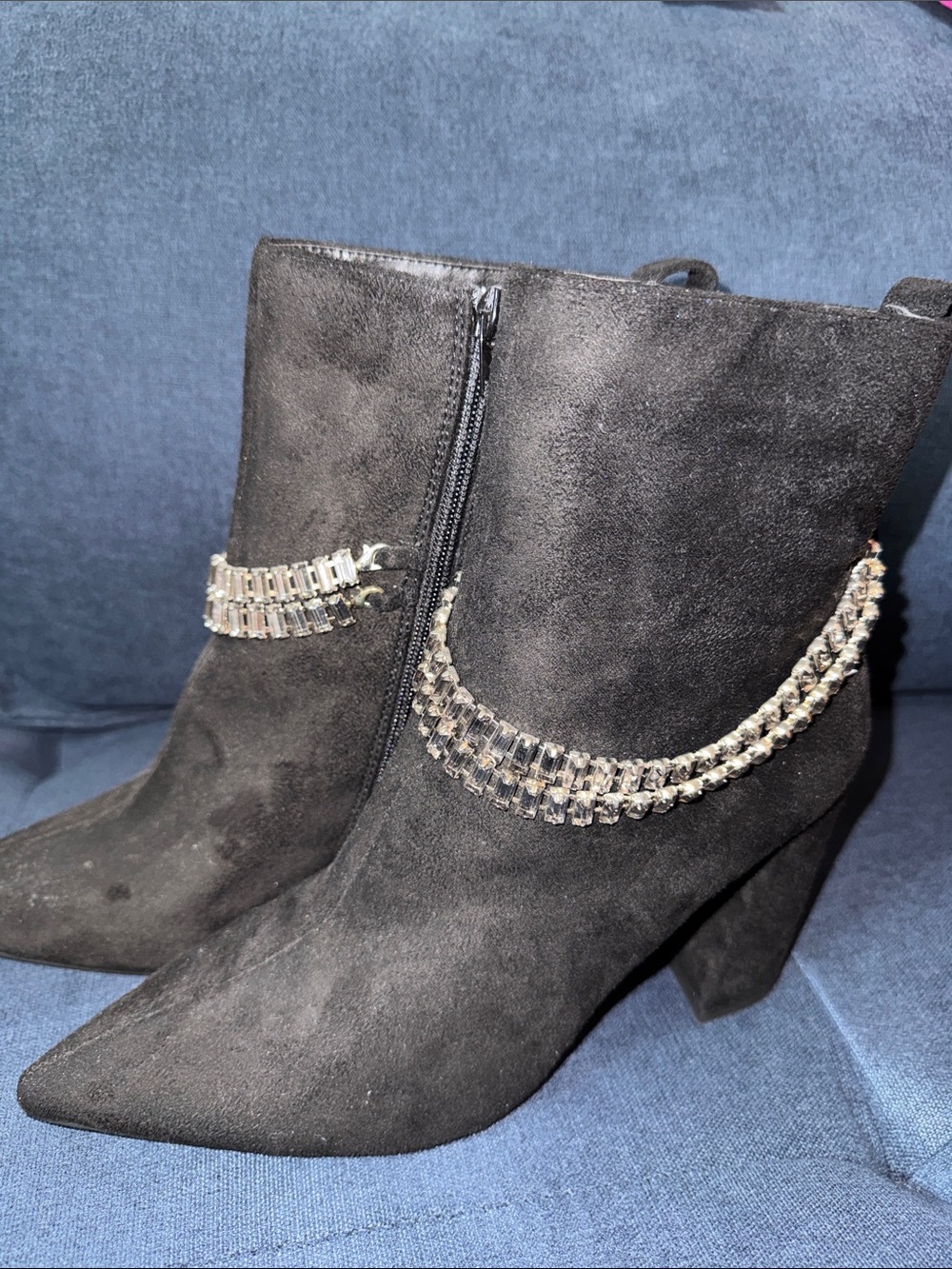 Embellished Black Suede Pointed Ankle Booties for Women